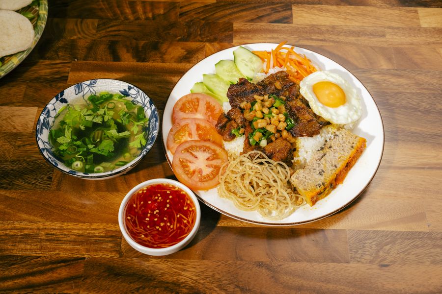 Cơm Sườn Bì Chả — broken rice with grilled pork, fried egg and egg meatloaf